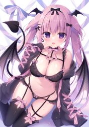 Rule 34 | 1girl, :d, black bow, black bra, black jacket, black panties, bow, bow bra, bow panties, bra, breasts, cleavage, commentary request, demon girl, demon tail, demon wings, fang, grey wings, hair between eyes, hair bow, hand up, hasune, head wings, highres, jacket, large breasts, long hair, long sleeves, looking at viewer, navel, off shoulder, open clothes, open jacket, open mouth, original, panties, pink bow, pink hair, puffy long sleeves, puffy sleeves, purple eyes, sleeves past wrists, smile, solo, tail, twintails, underwear, very long hair, wings