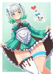 Rule 34 | 1girl, apron, asymmetrical legwear, averting eyes, bare shoulders, blue eyes, blush, bow, breasts, chocolate, clothes lift, detached sleeves, dress, embarrassed, frilled dress, frills, ghost, green hair, hair tie, heart, highres, indie virtual youtuber, looking to the side, maid, medium breasts, medium hair, mint fantome, mizmillificent, multicolored hair, paid reward available, signature, simple background, skirt, skirt lift, smile, solo, thick thighs, thighhighs, thighs, triangular headpiece, virtual youtuber, white hair