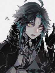 Rule 34 | 1boy, ahoge, arm tattoo, bead necklace, beads, black gloves, black hair, black jacket, facial mark, forehead mark, genshin impact, gloves, green hair, grey background, highres, instagram username, jacket, jewelry, male focus, multicolored hair, necklace, open mouth, shino (shino-xx), simple background, solo, squiggle, tattoo, twitter username, upper body, xiao (genshin impact), yellow eyes