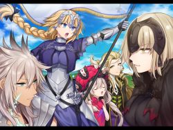 Rule 34 | 2boys, 3girls, armor, armored dress, bad id, bad pixiv id, banner, bare shoulders, blonde hair, blue eyes, braid, chain, clenched teeth, day, fate/grand order, fate (series), fur trim, gauntlets, hair between eyes, headpiece, jeanne d&#039;arc (fate), jeanne d&#039;arc (ruler) (fate), jeanne d&#039;arc alter (avenger) (fate), jeanne d&#039;arc alter (fate), karokuchitose, letterboxed, long hair, looking at another, marie antoinette (fate), multiple boys, multiple girls, open mouth, outdoors, scar, siegfried (fate), silver hair, single braid, teeth, very long hair, wolfgang amadeus mozart (fate), yellow eyes