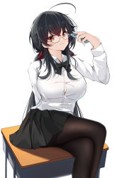 Rule 34 | 1girl, absurdres, azur lane, black hair, black pantyhose, breasts, catnnn, cellphone, crossed bangs, highres, holding, holding phone, large breasts, long hair, official alternate costume, pantyhose, phone, pleated skirt, red eyes, school uniform, shirt, sitting, sitting on table, skirt, smartphone, taihou (azur lane), taihou (sweet time after school) (azur lane), taut clothes, white background, white shirt