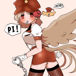 Rule 34 | 1girl, absurdres, adapted costume, ass, belt, bird, bird tail, bird wings, blonde hair, cabbie hat, chick, chicken, cuffs, feathered wings, fishnet thighhighs, fishnets, flat cap, gloves, handcuffs, hat, highres, multicolored hair, niwatari kutaka, orange headwear, pencil skirt, police, police uniform, puffy short sleeves, puffy sleeves, red eyes, red hair, red skirt, shirt, short hair, short sleeves, skirt, star (symbol), tail, takeyasu510, thighhighs, touhou, two-tone hair, uniform, vest, whistle, white shirt, white vest, wings, yellow wings