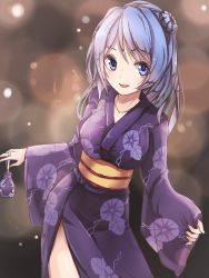 Rule 34 | 10s, 1girl, :d, bad id, bad pixiv id, bag, blue eyes, blue hair, blurry, bokeh, cowboy shot, depth of field, floral print, hair bun, handbag, japanese clothes, kantai collection, kimono, long sleeves, looking at viewer, matching hair/eyes, open mouth, parted lips, pouch, single hair bun, smile, solo, standing, thighs, tokoi, urakaze (kancolle), wide sleeves