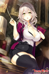 Rule 34 | 1girl, black bra, black skirt, black thighhighs, bra, breasts, character request, collarbone, copyright name, eyebrows, garter straps, green eyes, hair between eyes, hair ornament, highres, hisen kaede, holding, jewelry, kikyou-0423, large breasts, looking at viewer, necklace, open clothes, open mouth, open shirt, shirt, short hair, silver hair, sitting, skirt, solo, thighhighs, underwear, venus blade, white shirt