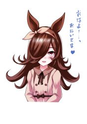 Rule 34 | 1girl, :d, animal ears, black ribbon, blush, brown dress, brown hair, brown ribbon, collared dress, commentary request, cropped torso, dress, hair over one eye, hair ribbon, highres, horse ears, kaze makase, long hair, looking at viewer, neck ribbon, open mouth, red eyes, ribbon, rice shower (umamusume), simple background, smile, solo, translation request, umamusume, upper body, white background