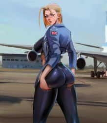 Rule 34 | 1girl, absurdres, aircraft, airplane, airport, antenna hair, ass, ass grab, ass support, backboob, black choker, black pants, black sports bra, blonde hair, blue eyes, blue jacket, blue sky, bob cut, border, breasts, cammy white, capcom, choker, clothes pull, cropped jacket, facial scar, forehead, from behind, gloves, grabbing own ass, hands on own ass, highres, huge ass, jacket, jet, large breasts, leather, leather jacket, leoquezadilla, lips, looking at viewer, looking back, midriff, military, military base, nose, pants, pinky out, scar, scar on cheek, scar on face, short hair, sky, smile, solo, spandex, sports bra, street fighter, street fighter 6, thick thighs, thighs, tight clothes, tight pants, union jack