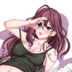 Rule 34 | 10s, 1girl, :3, blue eyes, breasts, brown hair, cleavage, demio, hand over eye, highres, ichinose shiki, idolmaster, idolmaster cinderella girls, large breasts, long hair, looking at viewer, lying, navel, on back, open mouth, smile, solo