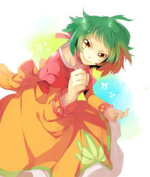 Rule 34 | 00s, 1girl, brown eyes, cropped jacket, dress, farah oersted, fighting stance, green hair, hyakuhachi (over3), orange dress, short hair, smile, solo, tales of (series), tales of eternia