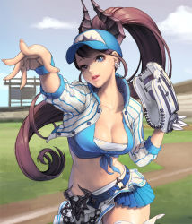 Rule 34 | 1girl, alternate costume, baseball cap, baseball glove, baseball stadium, blue eyes, breasts, brown hair, card (medium), chaos online, cleavage, cloud, collarbone, cowboy shot, day, demon horns, earrings, fingernails, front-tie top, hat, horns, jacket, jewelry, large breasts, long fingernails, long hair, love cacao, midriff, navel, official art, open clothes, open jacket, outdoors, parted lips, pleated skirt, ponytail, serena (chaos online), shirt, skirt, sky, solo, throwing, tied shirt
