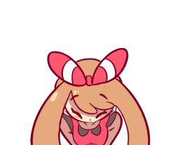 Rule 34 | 1girl, animated, animated gif, artist name, blue eyes, blush, blush stickers, breasts, brown hair, closed eyes, collarbone, creatures (company), diives, game freak, hair ornament, hand up, heart, looking to the side, may (pokemon), may (pokemon oras), medium breasts, nintendo, one eye closed, open mouth, pokemon, pokemon oras, red shirt, shirt, signature, simple background, sleeveless, sleeveless shirt, solo, spoken heart, teeth, text focus, white background, wink