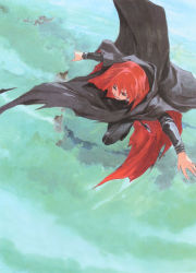 Rule 34 | 1boy, cape, day, from above, hair between eyes, hartia, highres, kusaka yuuya, majutsushi orphen, male focus, outdoors, red hair, scan, solo