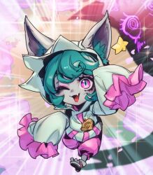 Rule 34 | 1girl, ;d, animal ear fluff, animal ears, blush, fang, green hair, hood, hood up, hoodie, league of legends, looking at viewer, one eye closed, open mouth, pants, phantom ix row, pink eyes, pink pants, sandals, short hair, sleeves past wrists, slit pupils, smile, solo focus, sparkle, star (symbol), vex (league of legends), vex shadow (league of legends), white hoodie