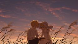 Rule 34 | 1boy, 1girl, backlighting, bare arms, bare shoulders, blonde hair, blue eyes, book, cloud, collarbone, dress, dusk, eob, closed eyes, flat chest, frilled dress, frills, hat, hat ribbon, highres, holding, holding book, kagamine len, kagamine rin, looking at another, open mouth, pants, pink sky, pointing, purple sky, reading, ribbon, shirt, short hair, short ponytail, short sleeves, sky, sleeveless, sleeveless dress, smile, sun hat, sundress, sunset, vocaloid, wheat, wheat field, white dress, white headwear, white shirt