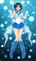 Rule 34 | absurdres, arms up, back bow, bishoujo senshi sailor moon, blue background, blue bow, blue bowtie, blue brooch, blue choker, blue eyes, blue footwear, blue hair, blue sailor collar, blue skirt, boots, bow, bowtie, brooch, choker, circlet, collarbone, ear piercing, elbow gloves, full body, gloves, heart, heart brooch, highres, jewelry, knee boots, leotard, looking at viewer, magical girl, miniskirt, mizuno ami, open mouth, parted bangs, piercing, pleated skirt, sailor collar, sailor mercury, sailor senshi, sailor senshi uniform, short hair, skirt, soukichi, standing, star (symbol), star choker, super sailor mercury, white gloves, white leotard