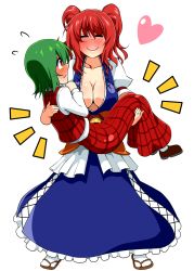 Rule 34 | 2girls, ^ ^, bad id, bad pixiv id, blush, breasts, carrying, cleavage, closed eyes, collarbone, dress, eye contact, female focus, green hair, hands on own chest, heart, highres, kazami yuuka, large breasts, loafers, long dress, long skirt, long sleeves, looking at another, mattari yufi, multiple girls, no bra, nose blush, obi, onozuka komachi, open clothes, open shirt, plaid, plaid skirt, plaid vest, princess carry, red eyes, red hair, sandals, sash, shirt, shoes, short hair, short sleeves, short twintails, simple background, skirt, smile, socks, standing, touhou, twintails, two side up, vest, wavy mouth, white background, yuri, zouri