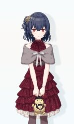 Rule 34 | 1girl, alternate hairstyle, blue hair, dress, fur trim, idolmaster, idolmaster shiny colors, morino rinze, official art, red dress, red eyes, shadow, side ponytail, solo