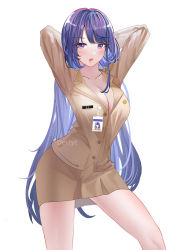 Rule 34 | 1girl, alternate costume, alternate hairstyle, arms behind head, arms up, artist name, badge, breasts, brown skirt, brown suit, buttons, character name, cleavage, collarbone, contemporary, contrapposto, cowboy shot, derlyt, formal, genshin impact, highres, jacket, large breasts, light blush, long hair, long sleeves, looking at viewer, name tag, no headwear, no shirt, office lady, open mouth, pink lips, purple eyes, purple hair, raiden shogun, simple background, skirt, solo, suit, suit jacket, thighs, tying hair, very long hair, white background