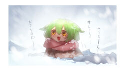 Rule 34 | 1girl, :3, absurdres, blizzard, blush, border, brown cloak, cloak, day, enpera, furrowed brow, green hair, hair between eyes, highres, no sclera, open mouth, outdoors, red scarf, scarf, shiburingaru, snow, snow on body, snow on head, snowing, solo, tearing up, voicevox, white border, yellow eyes, zundamon