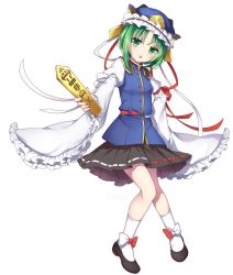 Rule 34 | absurdres, blue hat, bow, green eyes, green hair, hat, highres, jpeg artifacts, long sleeves, looking at viewer, open mouth, red bow, red ribbon, ribbon, risui (suzu rks), rod of remorse, shiki eiki, short hair, solo, teeth, touhou, white bow, white legwear, white ribbon