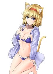 Rule 34 | 1girl, alice margatroid, animal ear fluff, animal ears, barefoot, bikini, blonde hair, blue bikini, blue bow, blue eyes, blue jacket, blue nails, bow, bow bikini, cat ears, cat tail, collarbone, commentary request, feet out of frame, frilled bikini, frills, hair between eyes, halterneck, hand up, highres, hood, hooded jacket, jacket, jewelry, kemonomimi mode, long sleeves, looking at viewer, nail polish, navel, necklace, open clothes, open jacket, parted lips, puppet rings, ring, seiza, shiny skin, short hair, simple background, sitting, solo, stomach, swimsuit, tail, thighs, touhou, white background, y2