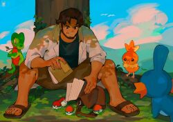 Rule 34 | 1boy, :q, beard, birch (pokemon), book, brown bag, brown footwear, brown hair, brown shorts, coat, commentary, creatures (company), day, facial hair, game freak, gen 3 pokemon, grass, holding, holding book, lapstle, looking down, male focus, mudkip, nintendo, open clothes, open coat, outdoors, pokemon, pokemon (creature), pokemon rse, sandals, shirt, short hair, shorts, sitting, t-shirt, toes, tongue, tongue out, torchic, tree, treecko