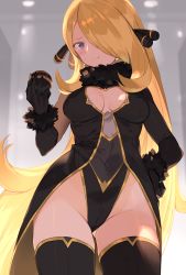 Rule 34 | 1girl, adapted costume, black gloves, black leotard, black thighhighs, blonde hair, blurry, blurry background, blush, breasts, cleavage, closed mouth, covered navel, cowboy shot, creatures (company), cynthia (pokemon), depth of field, fur-trimmed sleeves, fur trim, game freak, gloves, gluteal fold, groin, hair ornament, hair over one eye, hand on own hip, highleg, highleg leotard, holding, holding poke ball, indoors, leotard, long hair, long sleeves, looking at viewer, luxury ball, medium breasts, nintendo, poke ball, pokemon, pokemon dppt, purple eyes, smile, solo, spring2013, straight hair, thighhighs, thighs, very long hair