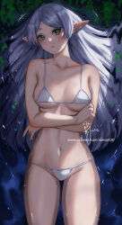 Rule 34 | 1girl, bikini, breasts, collarbone, crossed arms, elf, frieren, from above, green eyes, long hair, looking at viewer, lying, medium breasts, micro bikini, navel, on back, parted lips, partially submerged, pointy ears, signature, solo, sousou no frieren, swimsuit, thighs, water, wei (promise 0820), white bikini, white hair