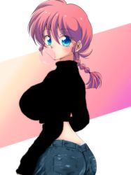 Rule 34 | 1girl, ass, blue eyes, blush, breasts, blowing bubbles, chewing gum, denim, jeans, large breasts, midriff, pants, ponytail, ranma-chan, ranma 1/2, red hair, saotome ranma, solo, sweater, uehara doh