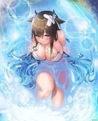 Rule 34 | 1girl, absurdres, animal ears, azur lane, bandaid, bandaid on head, bikini, breasts, brown hair, cow ears, cow girl, cow horns, cow tail, criss-cross halter, crossed bandaids, elsynien, flower, from above, hair flower, hair ornament, halterneck, highres, horns, kashino (azur lane), kashino (hot springs relaxation) (azur lane), large breasts, long hair, looking at viewer, looking up, multi-strapped bikini, official alternate costume, purple eyes, solo, swimsuit, tail, very long hair, water, white bikini, white flower