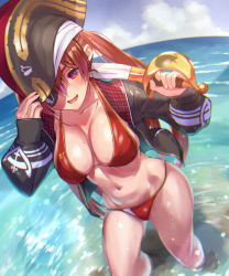 Rule 34 | 1girl, absurdres, bikini, black hat, blush, breasts, fang, hat, highres, holding, holding sword, holding weapon, hololive, houshou marine, houshou marine (summer), large breasts, long hair, looking at viewer, navel, open mouth, otk, pirate hat, red bikini, red eyes, red hair, skin fang, solo focus, sweat, swimsuit, sword, twintails, virtual youtuber, weapon