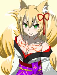 Rule 34 | 1girl, animal ear fluff, animal ears, blonde hair, blush, chest tattoo, colorized, eyeshadow, female focus, fox, fox ears, fox girl, fox tail, green eyes, hair ornament, hair ribbon, highres, japanese clothes, kimono, kitsune, long hair, long sleeves, looking at viewer, makeup, mon-musu quest!, monster girl, neck tattoo, red ribbon, ribbon, sash, simple background, slit pupils, smile, solo, tail, tamamo (mon-musu quest!), tattoo, upper body