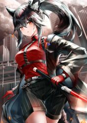 1girl animal_ear_fluff animal_ears arknights black_hair black_shorts gloves hair_between_eyes highres long_hair looking_at_viewer on_(yattemasu) red_eyes red_gloves red_shirt shirt shorts solo tail texas_(arknights) texas_(willpower)_(arknights) wolf_ears wolf_girl wolf_tail