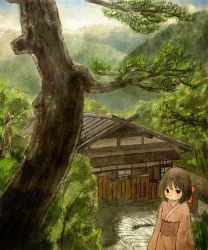 Rule 34 | architecture, bob cut, brown eyes, brown hair, east asian architecture, grass, japanese clothes, kimono, mountain, nature, original, short hair, sky, solo, stairs, tebanawo, tree