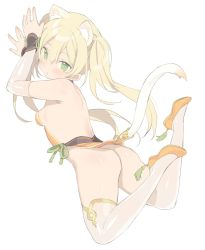 Rule 34 | 1girl, :o, animal ear fluff, animal ears, arms up, ass, backless dress, backless outfit, bare shoulders, blade (galaxist), blonde hair, breasts, cat ears, cat girl, cat tail, commentary request, copyright request, detached sleeves, dress, fake tail, full body, green eyes, hair between eyes, highres, long hair, long sleeves, looking at viewer, looking back, orange dress, orange footwear, parted lips, shoes, simple background, small breasts, solo, strapless, strapless dress, tail, thighhighs, twintails, very long hair, white background, white sleeves, white thighhighs