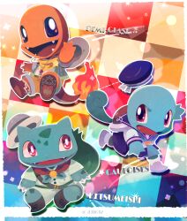 Rule 34 | animal focus, ascot, bandana, blue ascot, blue headwear, blue shorts, boonie hat, border, bright pupils, brown footwear, bulbasaur, charmander, checkered background, clothed pokemon, creatures (company), fangs, flame-tipped tail, game freak, gen 1 pokemon, hat, hat on back, highres, kiki (431642), nintendo, no humans, nostrils, open mouth, pokemon, red eyes, red footwear, running, sailor collar, sailor hat, shirt, short sleeves, shorts, squirtle, starter pokemon trio, vest, white border, white footwear, white pupils, white shirt, yellow bandana