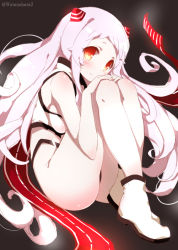 Rule 34 | 10s, 1girl, abyssal ship, airfield princess, ankle boots, bare shoulders, boots, hands on own knees, highleg, highleg panties, horns, kantai collection, legs together, long hair, looking at viewer, pale skin, panties, red eyes, smile, solo, twitter username, underwear, watanon (gakushokutei), white footwear, white hair