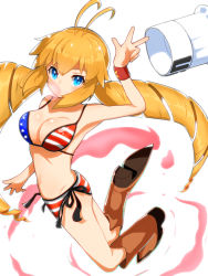 Rule 34 | 1girl, ahoge, american flag, american flag bikini, american flag print, bad id, bad pixiv id, bikini, blonde hair, blowing bubbles, blue eyes, boots, chef hat, chewing gum, cowboy boots, drill hair, flag print, hat, highres, looking at viewer, monica adenauer, nuneno, print bikini, print swimsuit, side-tie bikini bottom, simple background, smile, solo, swimsuit, twin drills, twintails, white background, yakitate!! japan