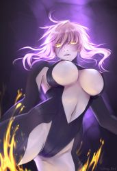 Rule 34 | 1girl, areola slip, artist name, artoria pendragon (fate), artoria pendragon (lancer alter) (fate), blonde hair, breasts, colored eyelashes, covered erect nipples, fate/grand order, fate (series), fire, from below, glowing, glowing eyes, groin tendon, highres, large breasts, long hair, navel, parted lips, saber ruri, scowl, solo, thighs, yellow eyes