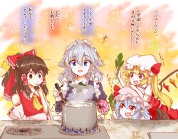 Rule 34 | 4girls, ascot, bat wings, blonde hair, blue eyes, blue hair, bow, braid, brown eyes, brown hair, commentary request, cooking, crystal, detached sleeves, fang, fire, flandre scarlet, food, frilled bow, frilled hair tubes, frills, green bow, green ribbon, grey hair, hair bow, hair tubes, hakurei reimu, hat, hat ribbon, holding, holding food, holding vegetable, izayoi sakuya, light blush, long hair, maid headdress, mob cap, multicolored wings, multiple girls, musical note, neck ribbon, one side up, open mouth, pink hat, pointy ears, red bow, red eyes, red vest, remilia scarlet, ribbon, ribbon-trimmed sleeves, ribbon trim, short hair with long locks, short sleeves, siblings, side ponytail, sisters, smile, stove, tanikake yoku, touhou, translation request, twin braids, vegetable, vest, white hat, wings, yellow ascot