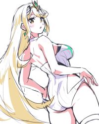 Rule 34 | 1girl, ass, bad id, bad twitter id, blonde hair, blush, breasts, cowboy shot, dutch angle, earrings, from behind, highres, jewelry, large breasts, long hair, looking back, mokki, mythra (radiant beach) (xenoblade), mythra (xenoblade), nintendo, one-piece swimsuit, simple background, sketch, solo, strapless, strapless one-piece swimsuit, swept bangs, swimsuit, thigh strap, tiara, very long hair, white background, white one-piece swimsuit, xenoblade chronicles (series), xenoblade chronicles 2, yellow eyes