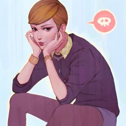 Rule 34 | 1girl, arm support, black eyes, blonde hair, blue background, buttons, collar, head rest, ilya kuvshinov, jewelry, leaning forward, life is strange, lips, necklace, nose, pantyhose, parted lips, pearl necklace, purple pantyhose, red lips, short hair, simple background, skull, smile, solo, teeth, very short hair, victoria chase, watch, wrist cuffs, wristwatch
