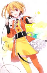 Rule 34 | 1girl, ;d, asymmetrical legwear, belt, bow, braid, chain, dress, frilled dress, frills, full body, hair bow, highres, holding, holding microphone, kagerou project, kisaragi momo, looking at viewer, microphone, mismatched legwear, one eye closed, open mouth, orange hair, orange thighhighs, pointing, pointing at viewer, red eyes, rirako, short hair, side ponytail, smile, solo, star (symbol), thighhighs, yellow thighhighs