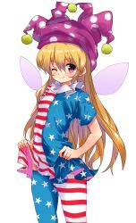 Rule 34 | 1girl, absurdres, alternate legwear, american flag dress, american flag legwear, bad id, bad pixiv id, blonde hair, blush, breasts, closed mouth, clothes lift, clownpiece, cowboy shot, dress, dress lift, fairy wings, hair between eyes, hat, highres, jester cap, lifting own clothes, long hair, looking at viewer, neck ruff, nekozuwa, one eye closed, pantyhose, polka dot, purple eyes, short dress, short sleeves, simple background, small breasts, smile, solo, standing, star (symbol), star print, striped clothes, striped pantyhose, thighhighs, touhou, very long hair, white background, wings