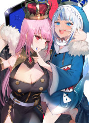 Rule 34 | 2girls, :d, animal hood, banned artist, barefoot, blue eyes, blue hair, blue jacket, blue nails, breasts, cleavage, cleavage cutout, clenched teeth, clothing cutout, commentary request, crown, fingernails, fins, fish tail, fur trim, gawr gura, hololive, hololive english, hood, jacket, king (vocaloid), large breasts, long hair, long sleeves, looking at viewer, mori calliope, multicolored hair, multiple girls, nail polish, open mouth, pink hair, red eyes, shark hood, shark tail, sharp teeth, simple background, smile, tail, teeth, tetsubuta, two-tone hair, upper teeth only, virtual youtuber, vocaloid, white background, white hair