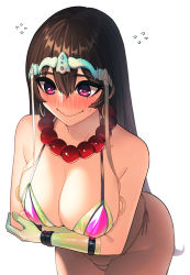 Rule 34 | 1girl, arms under breasts, bare shoulders, bead necklace, beads, bikini, blush, breasts, brown hair, cleavage, closed mouth, commentary request, cosplay, crossed arms, earrings, elbow gloves, fate/grand order, fate (series), florence nightingale (fate), florence nightingale (fate) (cosplay), florence nightingale (trick or treatment) (fate), florence nightingale (trick or treatment) (fate) (cosplay), flying sweatdrops, gloves, green bikini, green gloves, hair between eyes, headpiece, hoop earrings, jewelry, large breasts, layered bikini, long hair, necklace, nose blush, official alternate costume, prayer beads, purple bikini, purple eyes, revision, rubber gloves, side-tie bikini bottom, simple background, smile, solo, standing, sungwon, sweatdrop, swimsuit, wavy mouth, white background, xuangzang sanzang (fate)