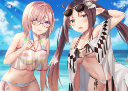 Rule 34 | 2girls, absurdres, arm behind head, bare shoulders, beach, bikini, blush, breasts, brown hair, cleavage, collarbone, earrings, eyewear on head, fang, fate/grand order, fate (series), food, glasses, grey eyes, hair ornament, hair over one eye, highres, jewelry, large breasts, light purple hair, long hair, looking at viewer, mash kyrielight, mash kyrielight (swimsuit of perpetual summer ver.02), medium breasts, multiple earrings, multiple girls, navel, official alternate costume, open clothes, open mouth, popsicle, purple eyes, rainbow bikini, robe, see-through, short hair, skin fang, smile, striped bikini, striped clothes, sunglasses, sunlight, swimsuit, twintails, very long hair, white bikini, yu mei-ren (fate), yu mei-ren (swimsuit lancer) (fate), yufou