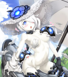 Rule 34 | 10s, 1girl, abyssal ship, arched back, bikini, bikini bottom only, black gloves, black thighhighs, blue eyes, breast biting, breasts, cameltoe, cloud, colored skin, day, dress, flower, gloves, glowing, glowing eyes, hair over one eye, hase yu, hat, hat flower, kantai collection, long hair, navel, open mouth, outdoors, seaport summer princess, side-tie bikini bottom, sitting, solo, sun hat, swimsuit, tears, thighhighs, tongue, torn bikini, torn clothes, torn dress, torn swimsuit, umbrella, untied bikini, white bikini, white hair, white hat, white skin