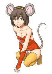 Rule 34 | 1girl, animal ears, arm support, arm warmers, bare shoulders, blue eyes, breasts, bridal gauntlets, brown hair, cleavage, gloves, mouse ears, mouse tail, panties, pantyshot, sajipen, short hair, smile, solo, squatting, tail, thighhighs, underwear, yellow thighhighs