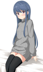 Rule 34 | 1girl, absurdres, aikawa ryou, bed sheet, black thighhighs, blue hair, blush, breasts, closed mouth, commentary request, grey sweater, hair between eyes, hair down, highres, long hair, long sleeves, looking at viewer, purple eyes, ribbed sweater, shima rin, sitting, sleeves past wrists, small breasts, solo, sweater, thighhighs, very long hair, white background, yurucamp