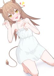 Rule 34 | 1girl, :d, ahoge, animal ears, bare arms, barefoot, blush, brown hair, claw pose, commentary request, dress, dutch angle, fang, highres, indie virtual youtuber, kneeling, lion ears, lion girl, lion tail, long hair, looking at viewer, nanamiya natsumi, open mouth, rurudo lion, rurudo lion (1st costume), simple background, sleeveless, sleeveless dress, smile, solo, sundress, tail, virtual youtuber, white background, white dress, yellow eyes